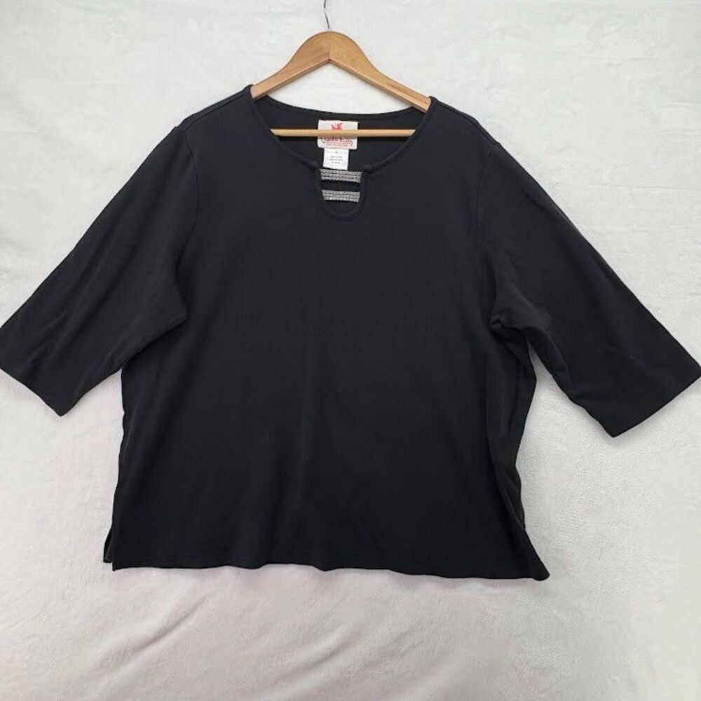 Quaker Factory‎ Women's 2X Black 3/4 Length Sleeve Knit Top Rhinestone Accent